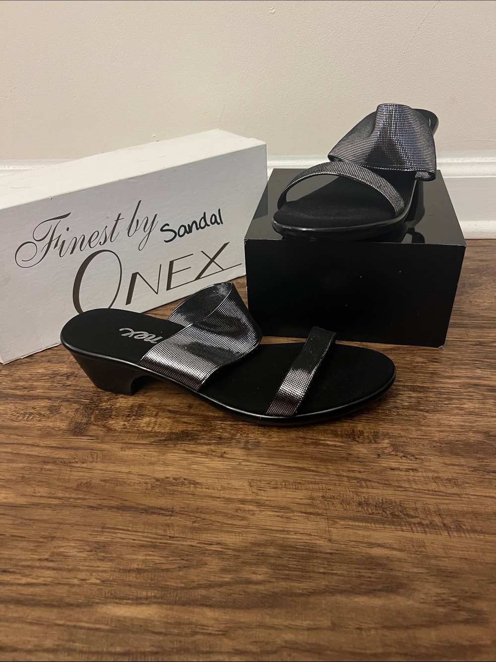 Onex Metallic Black Slide Sandals for Women